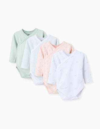 Pack 4 Bodies em Trespasse para Bebé Menina 'Flores', Branco/Verde/Rosa