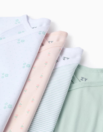 Pack 4 Bodies em Trespasse para Bebé Menina 'Flores', Branco/Verde/Rosa