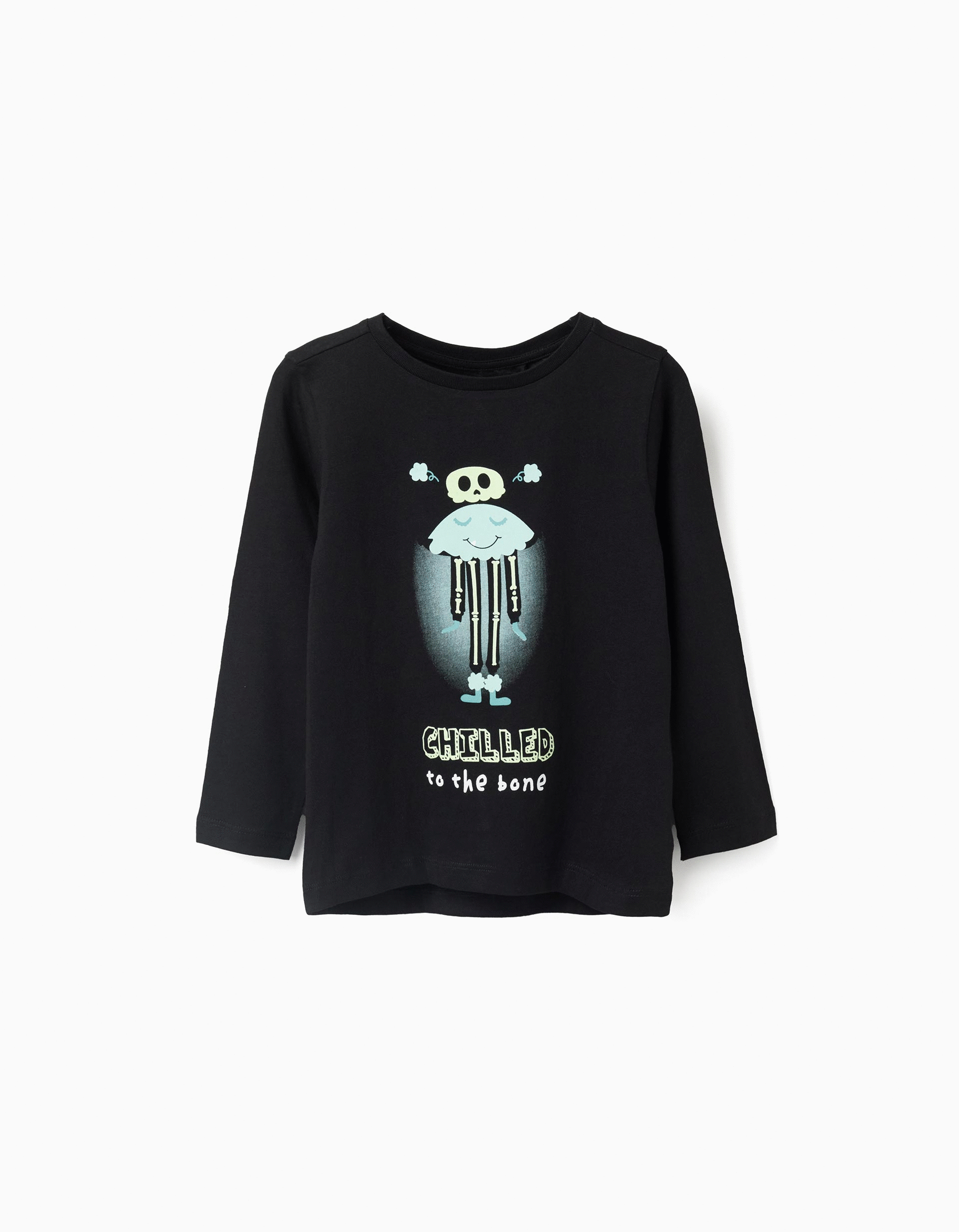 Cotton long sleeve T-shirt with glow-in-the-dark print for girls, black