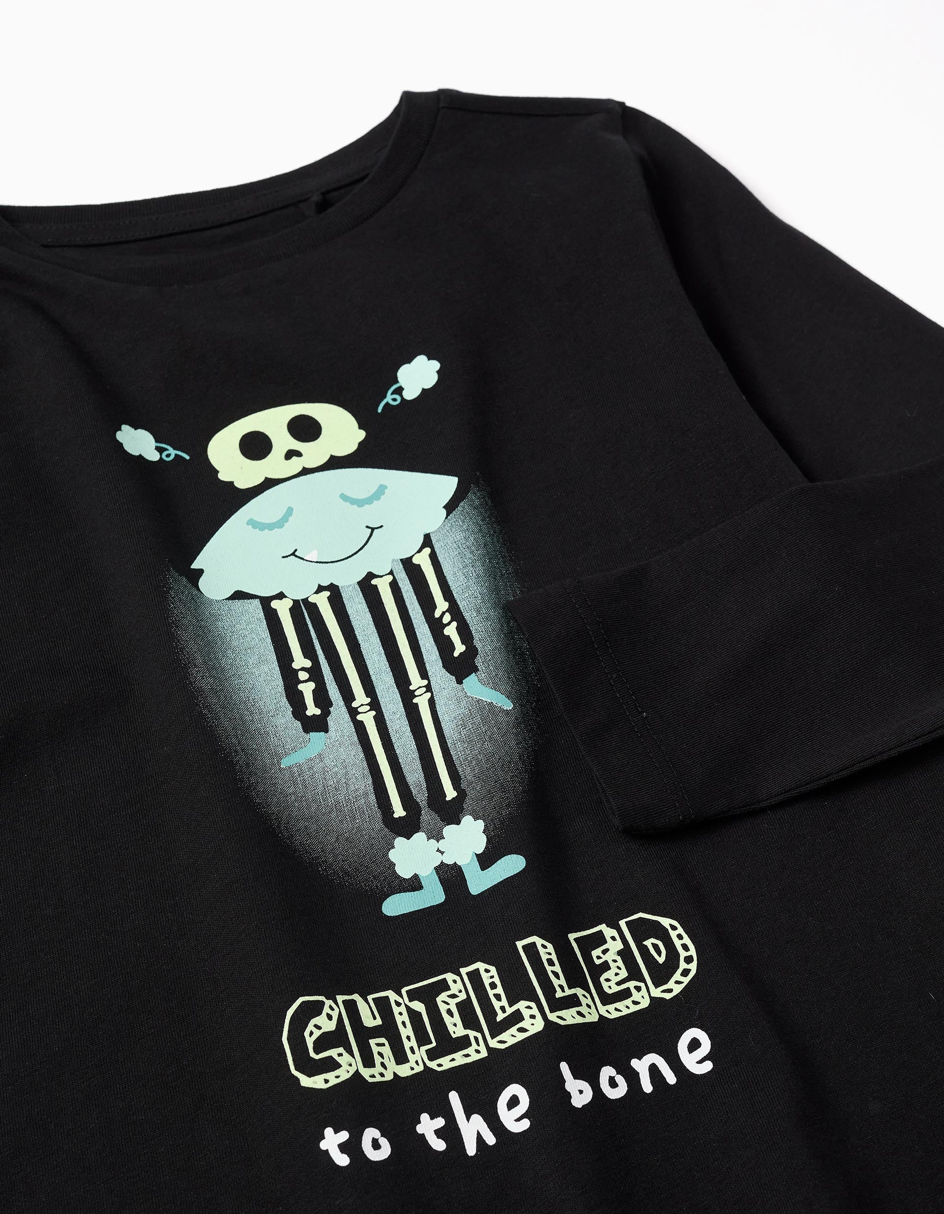 Cotton long sleeve T-shirt with glow-in-the-dark print for girls, black