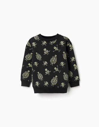 Sweat cardada com motivo que brilha no escuro para menino, preto