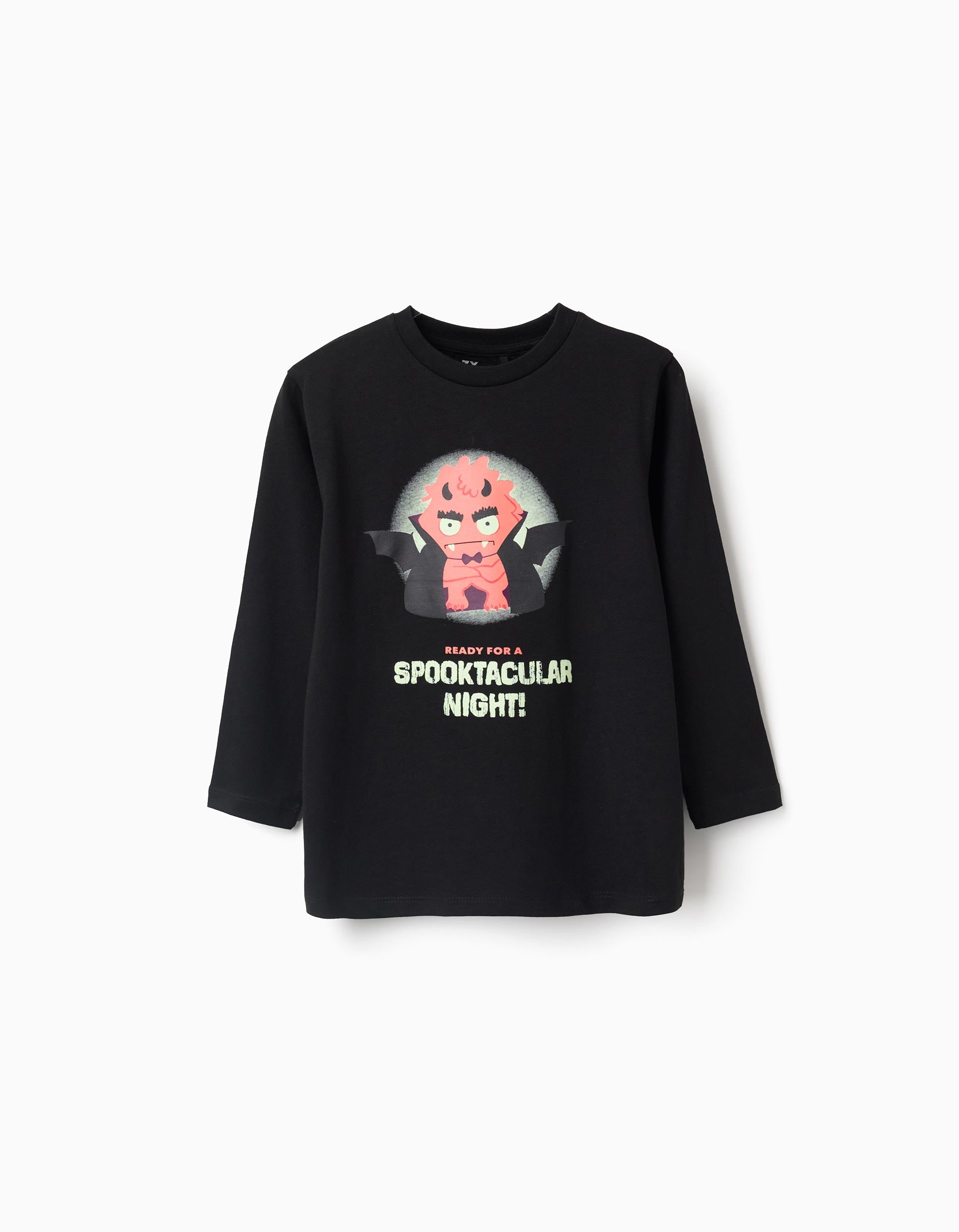 Cotton long sleeve T-shirt with glow-in-the-dark print for boys, black