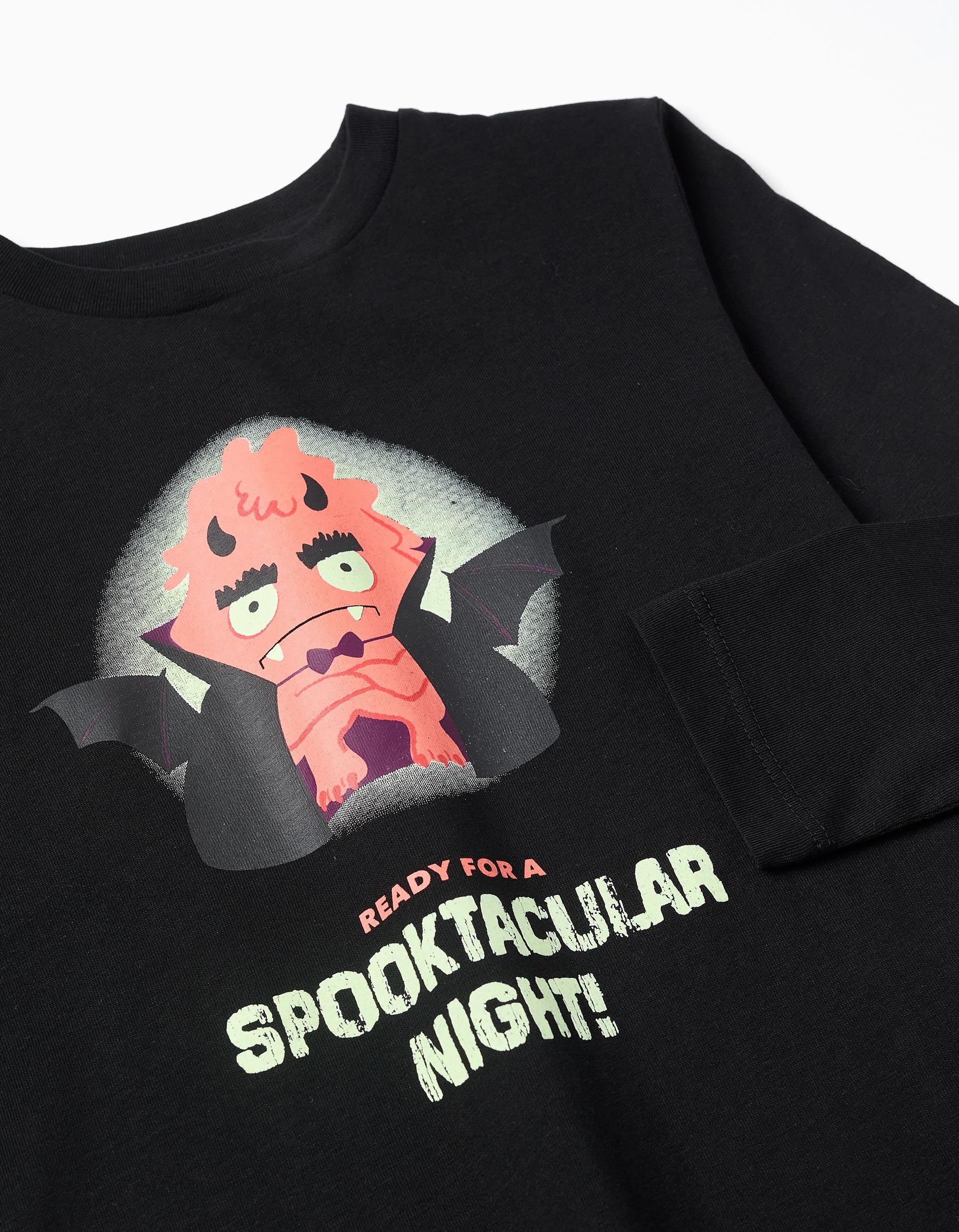 Cotton long sleeve T-shirt with glow-in-the-dark print for boys, black