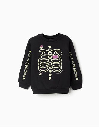 Sudadera perchada con estampado que brilla en la oscuridad para niña, negro