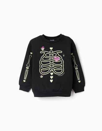 Sudadera perchada con estampado que brilla en la oscuridad para niña, negro