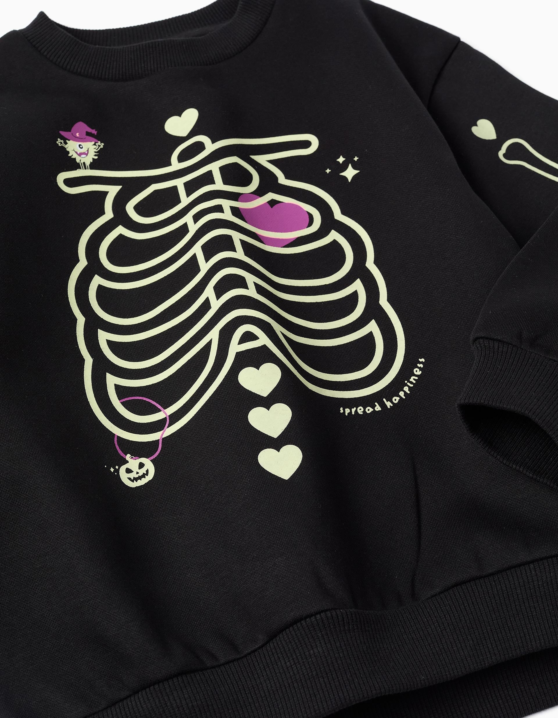 Brushed sweatshirt with glow-in-the-dark print for girls, black