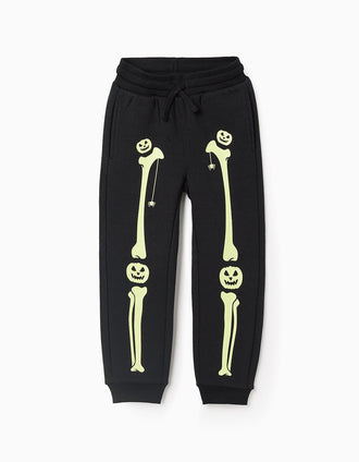 Joggers cardados com estampado que brilha no escuro para menino, preto