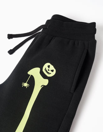 Joggers cardados com estampado que brilha no escuro para menino, preto