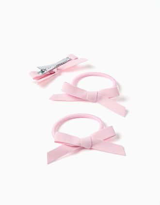 Pack Horquilla + 2 Gomas de Pelo con Lazo para Bebé y Niña, Rosa