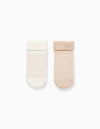 Lote de 2 Pares de Calcetines Antideslizantes a Rayas para Bebé, Beige/Blanco