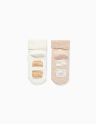 Lote de 2 Pares de Calcetines Antideslizantes a Rayas para Bebé, Beige/Blanco