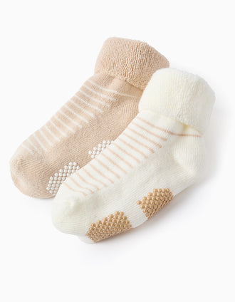 Lote de 2 Pares de Calcetines Antideslizantes a Rayas para Bebé, Beige/Blanco