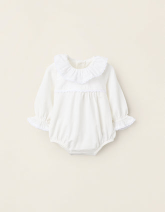 Bodysuit with Ruffles and Crochet for Newborn Girls, White