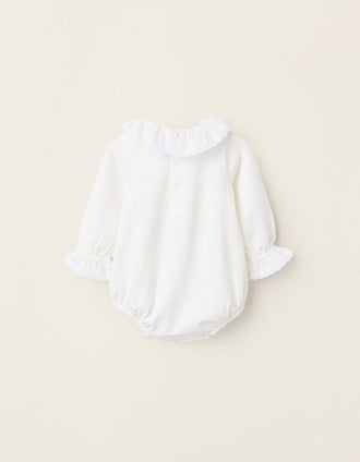 Bodysuit with Ruffles and Crochet for Newborn Girls, White