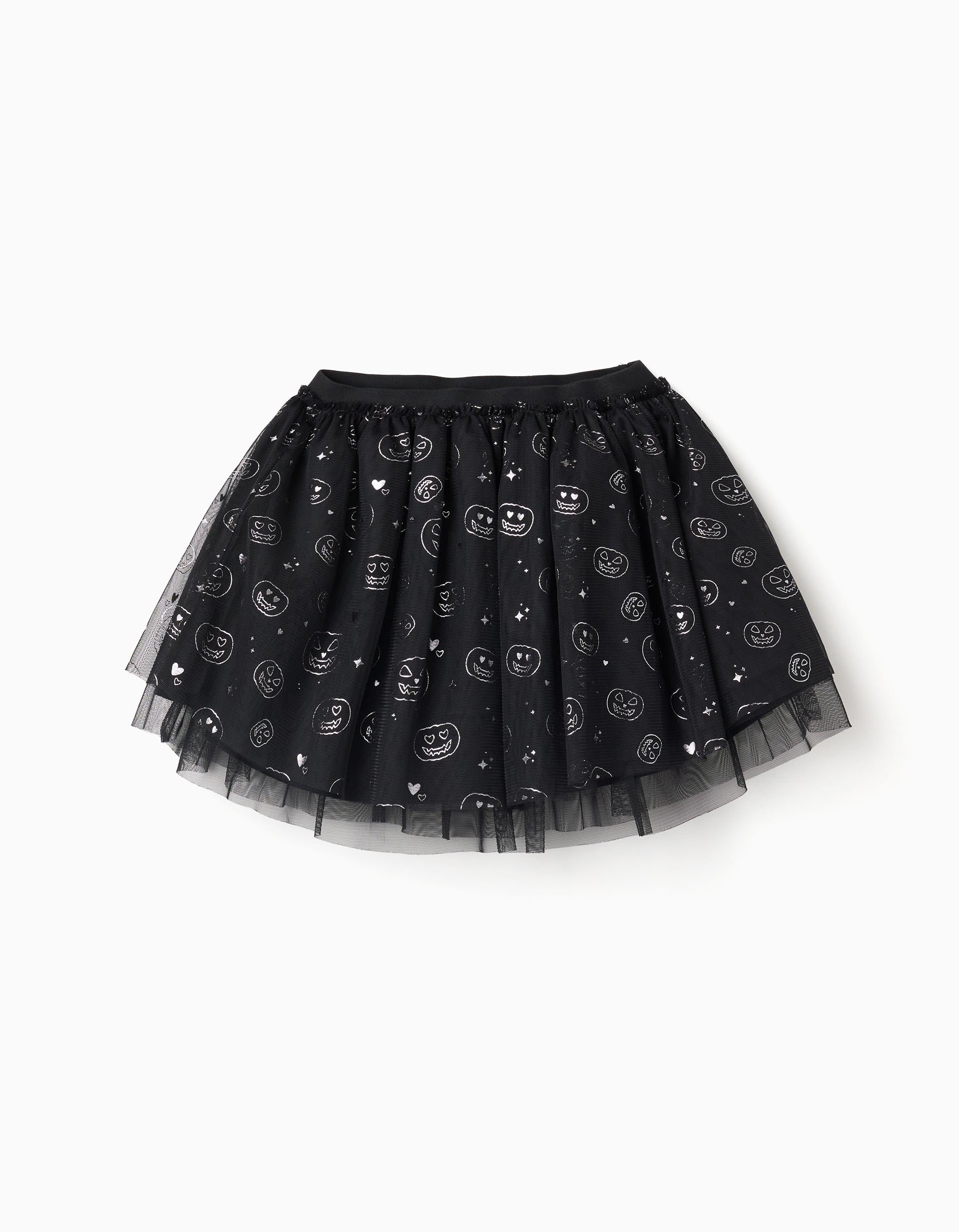 Layered tulle skirt with glittering pumpkin motif for girls, black
