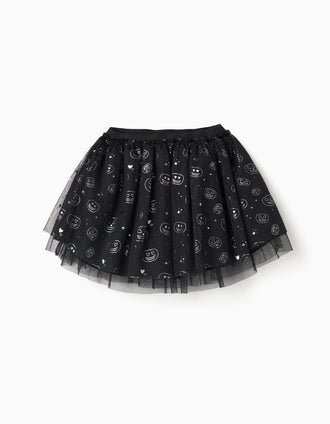 Falda de tul en capas con motivo de calabazas para niña, negro