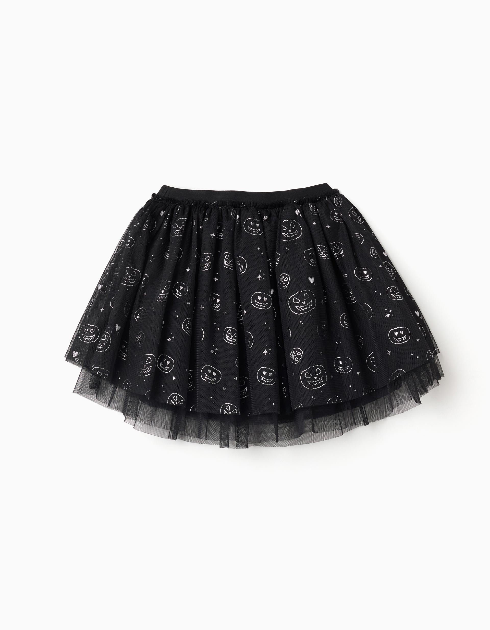 Layered tulle skirt with glittering pumpkin motif for girls, black