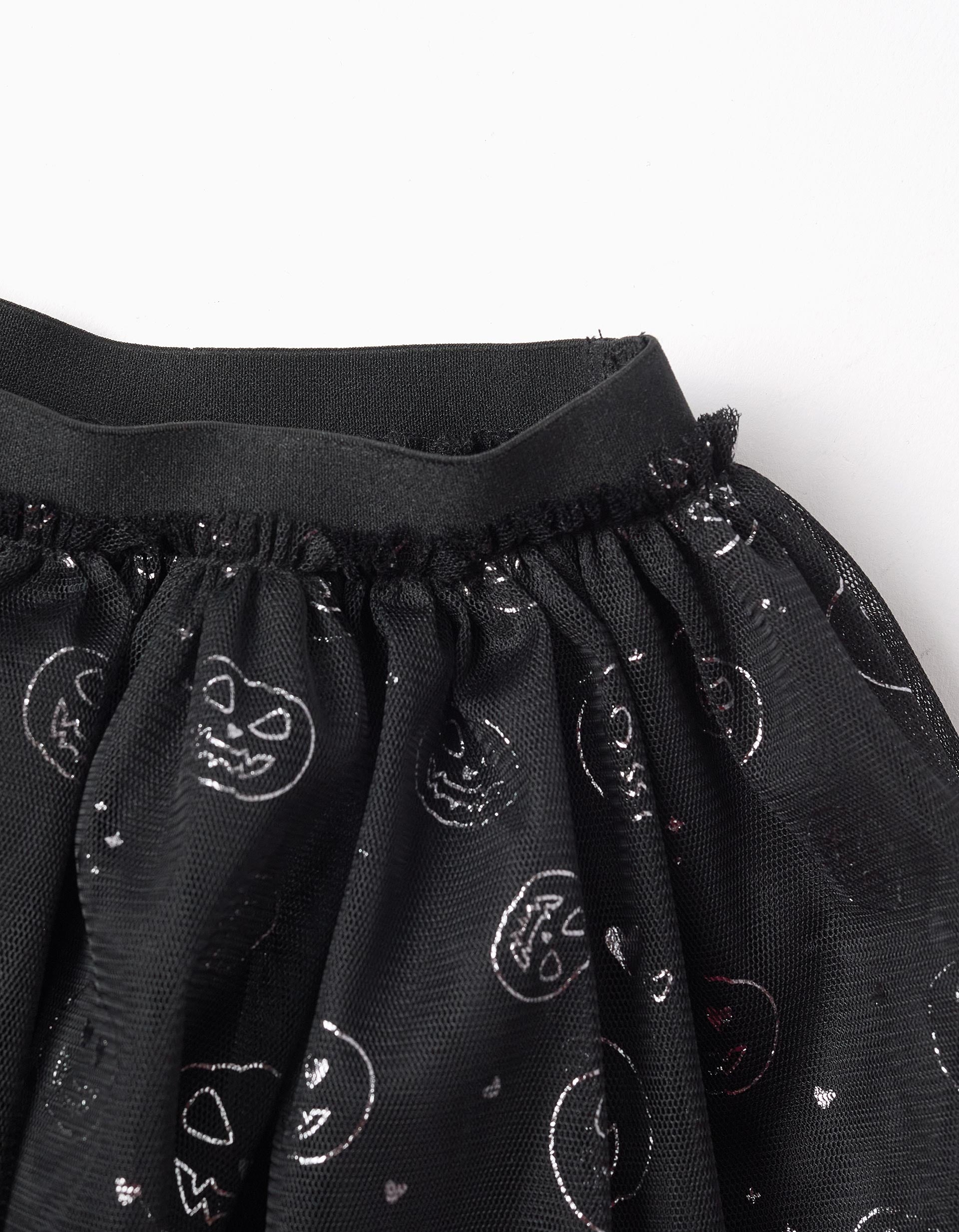 Layered tulle skirt with glittering pumpkin motif for girls, black