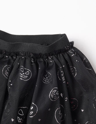 Falda de tul en capas con motivo de calabazas para niña, negro