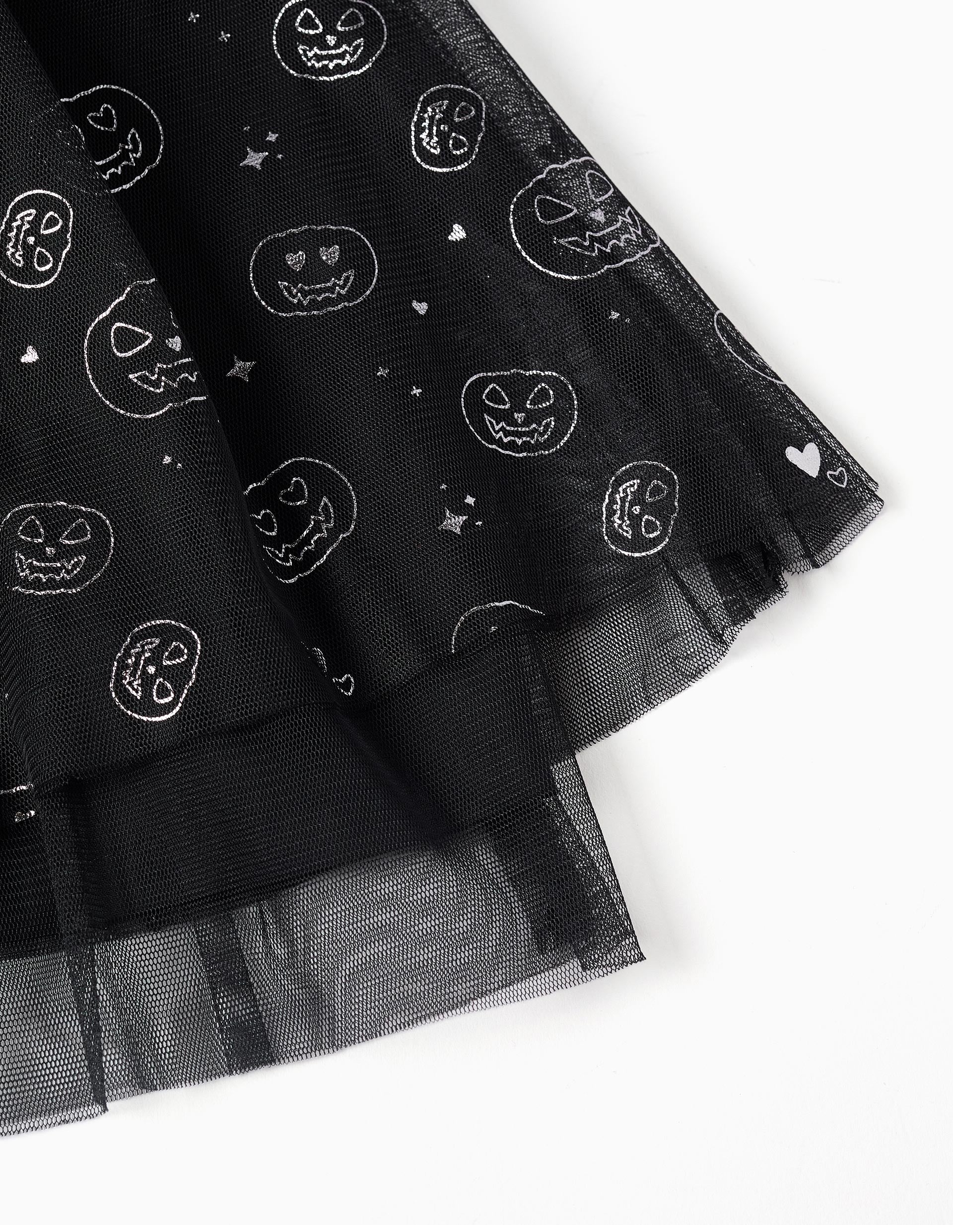 Layered tulle skirt with glittering pumpkin motif for girls, black