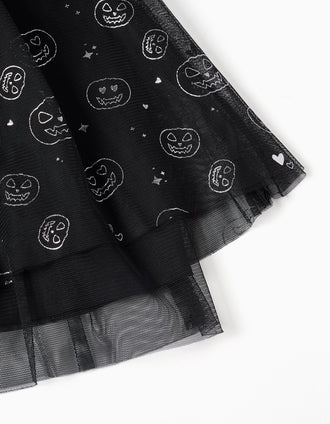 Falda de tul en capas con motivo de calabazas para niña, negro