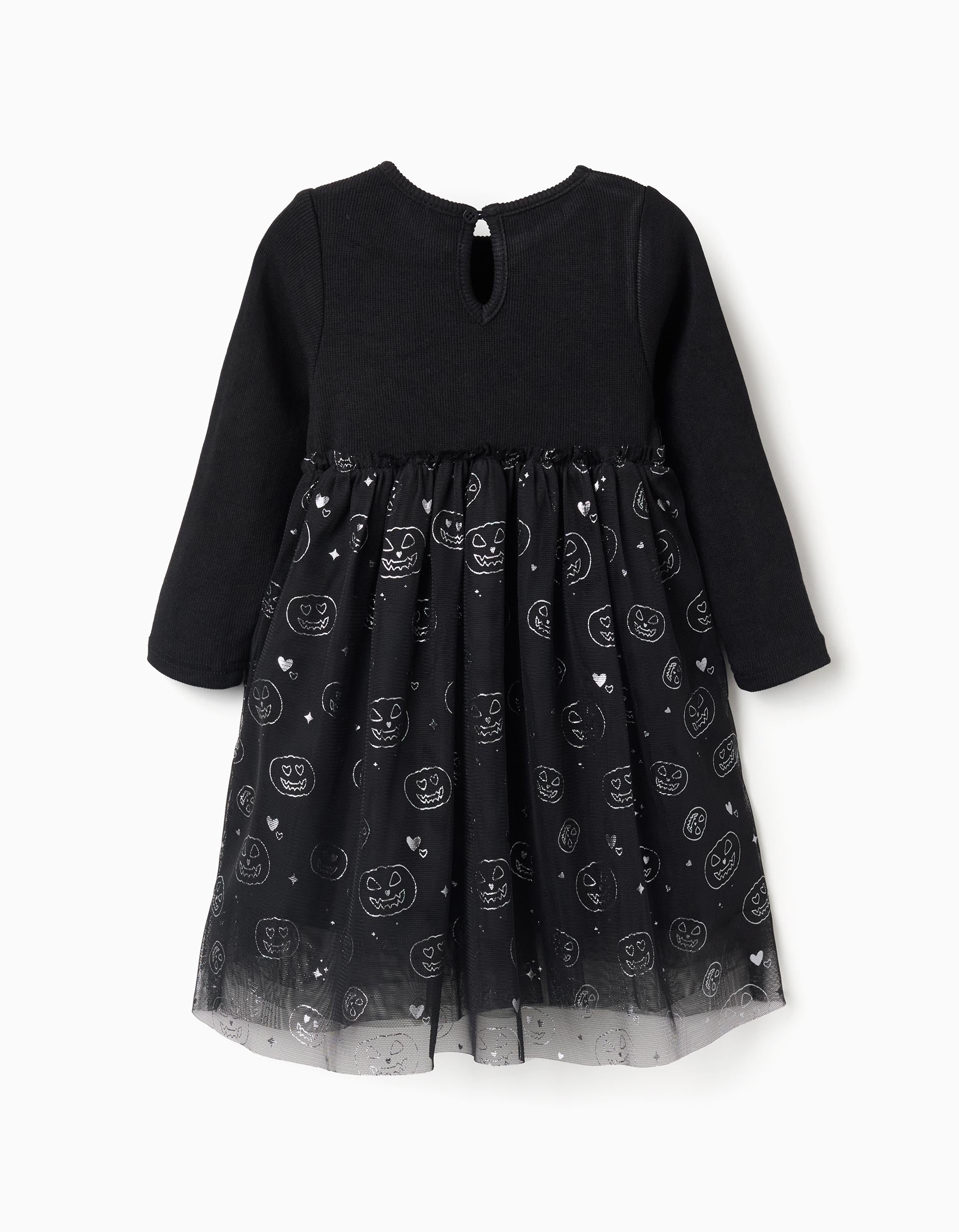 Dual-fabric dress with glittering pumpkin motif for baby girls, black