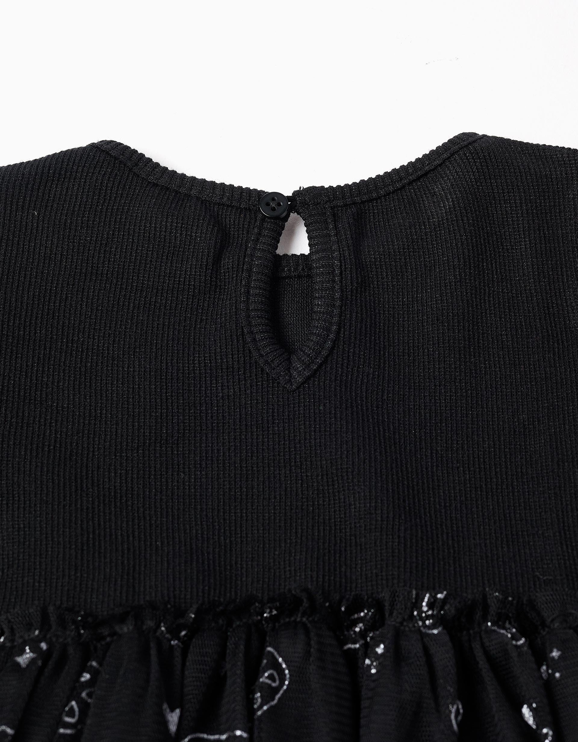 Dual-fabric dress with glittering pumpkin motif for baby girls, black