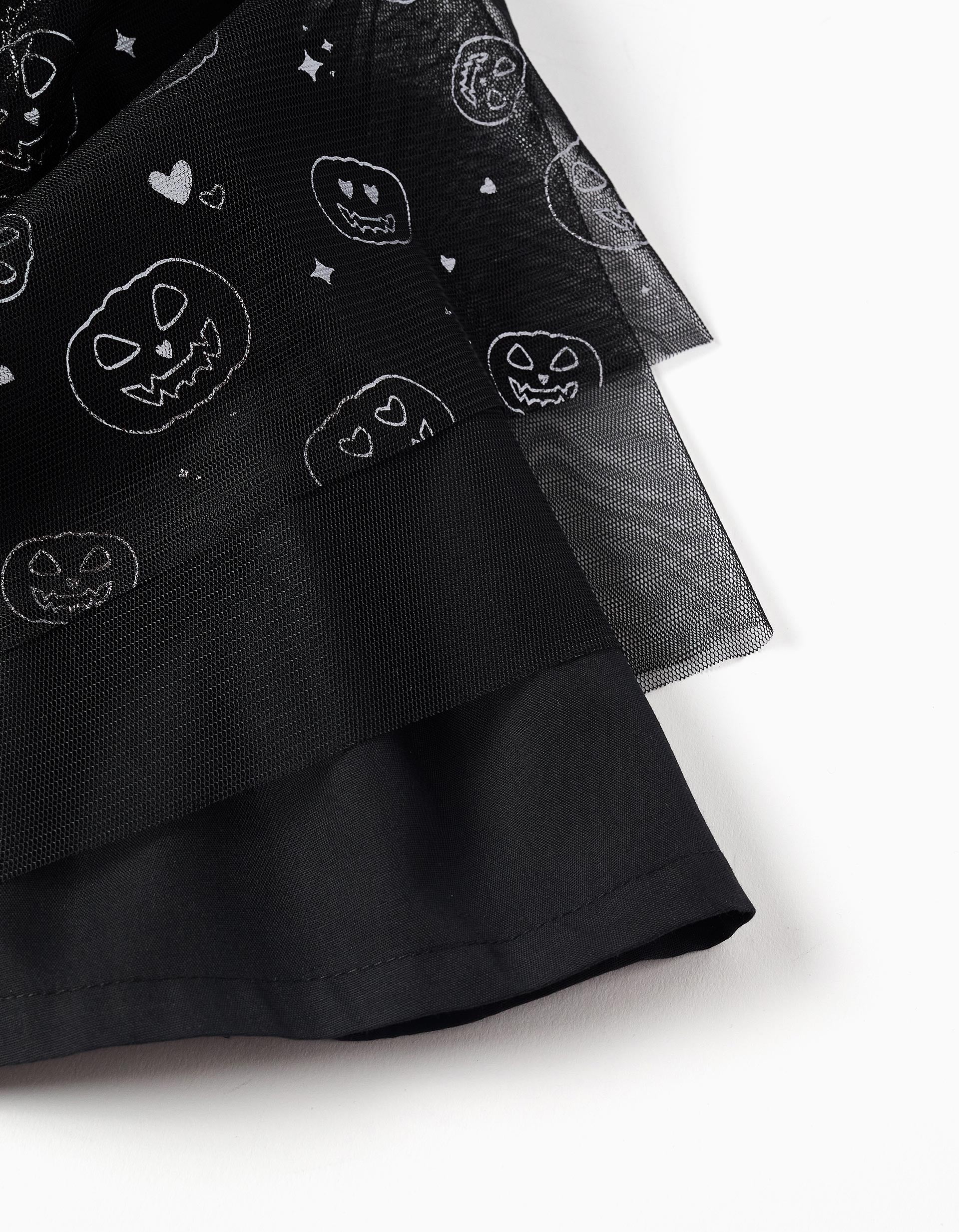 Dual-fabric dress with glittering pumpkin motif for baby girls, black