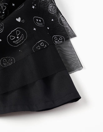 Dual-fabric dress with glittering pumpkin motif for baby girls, black