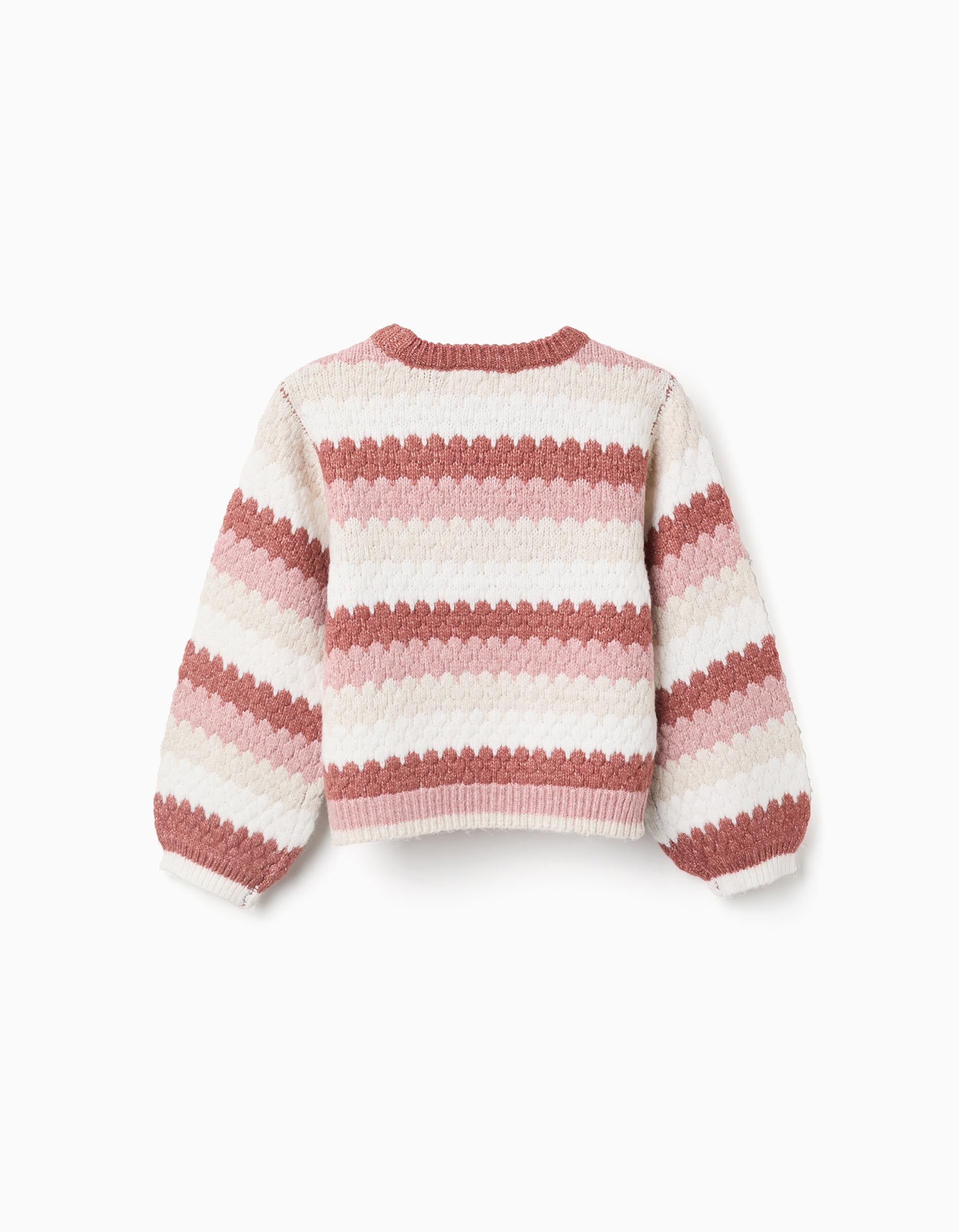 Striped knitted jumper with puffy sleeves for girls, multicolour