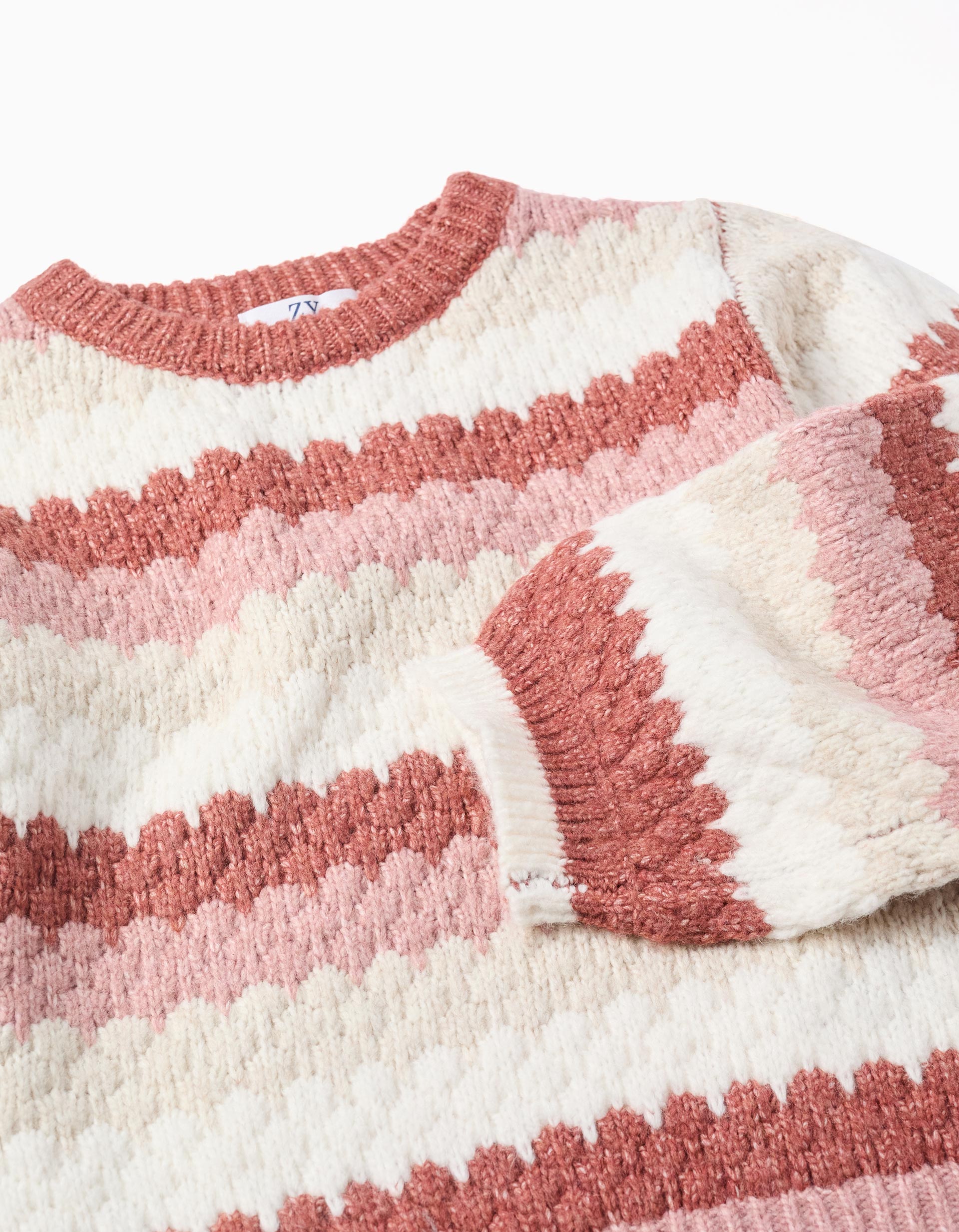 Striped knitted jumper with puffy sleeves for girls, multicolour
