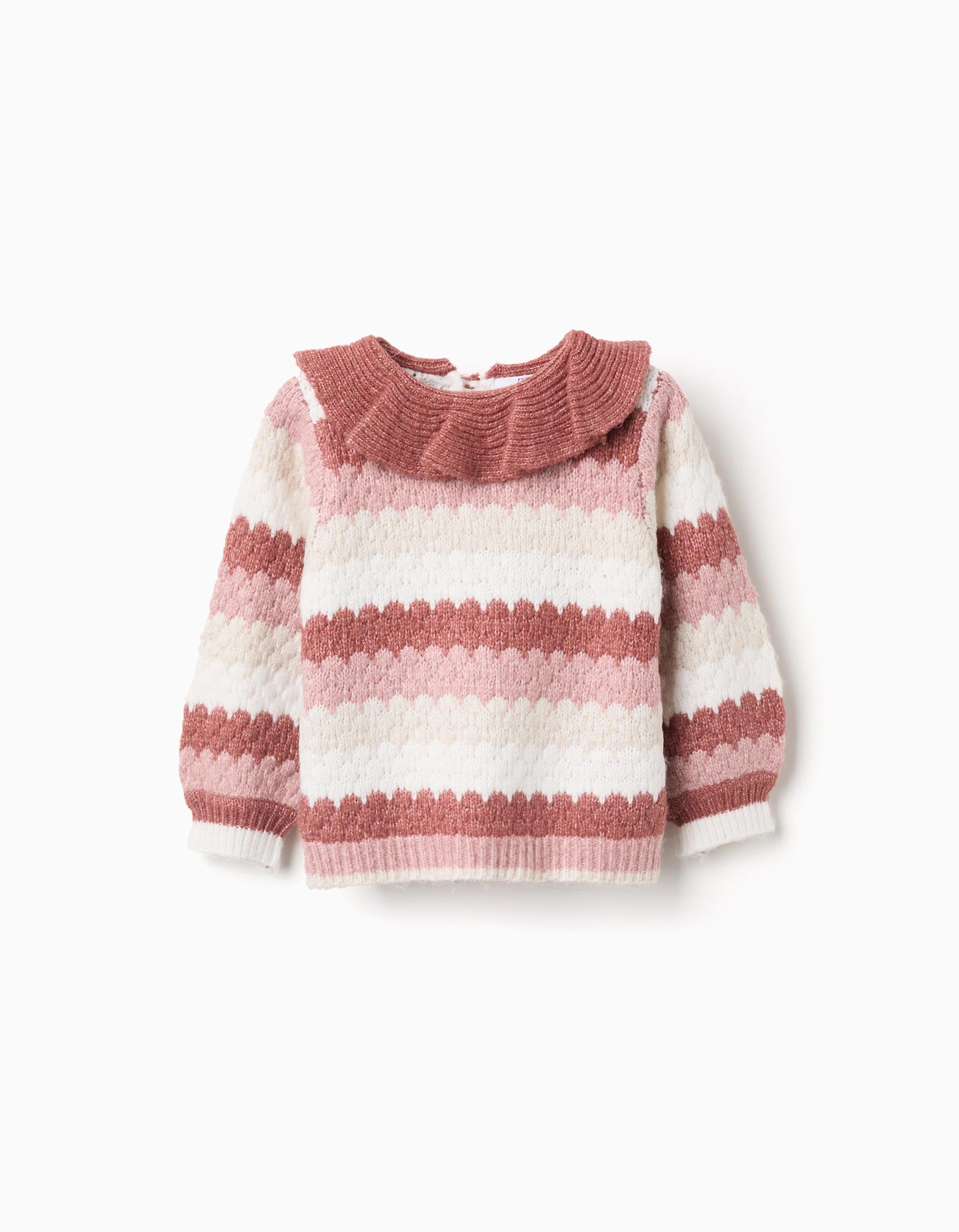 Striped knitted jumper with ruffled collar for baby girls, multicolour