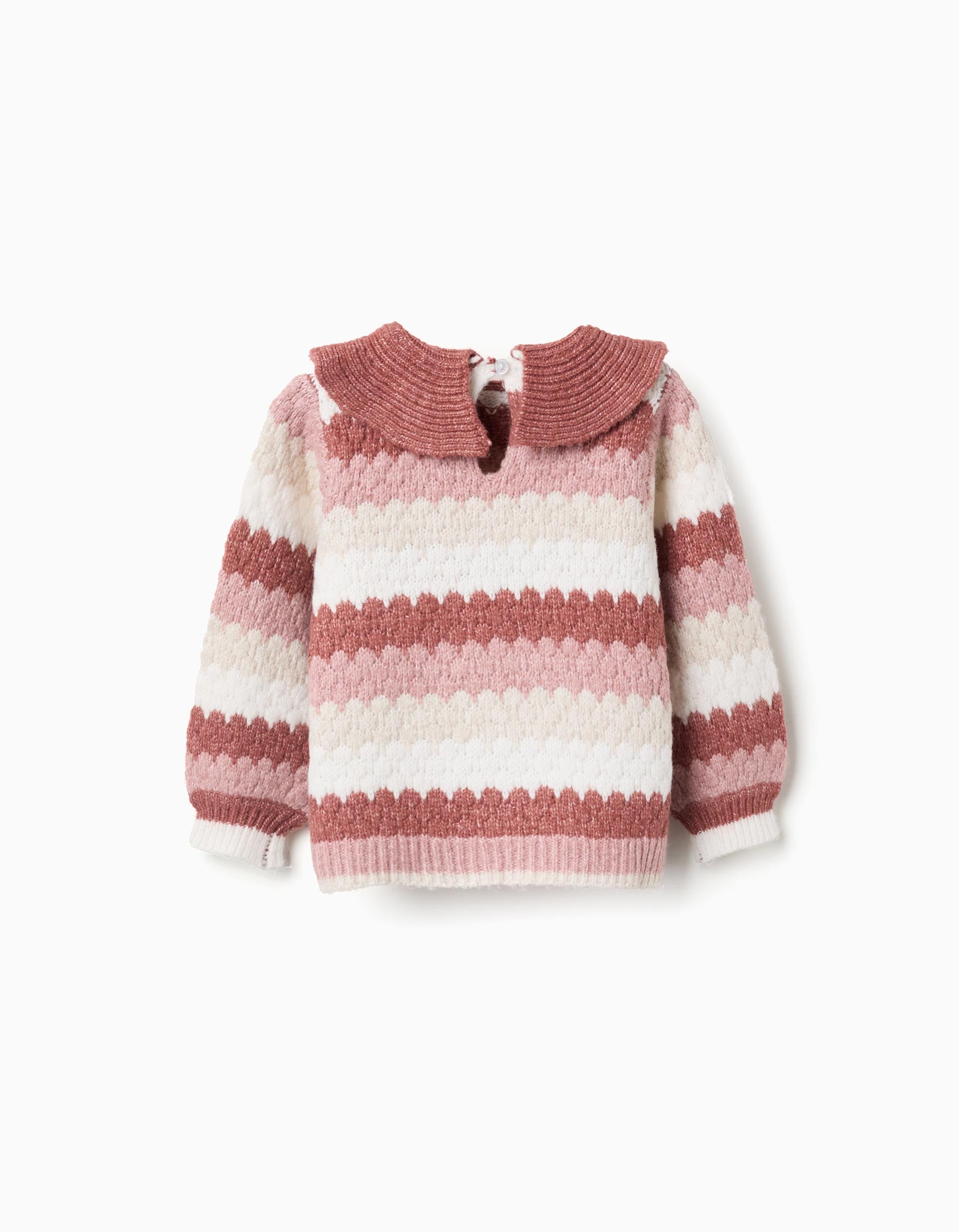 Striped knitted jumper with ruffled collar for baby girls, multicolour