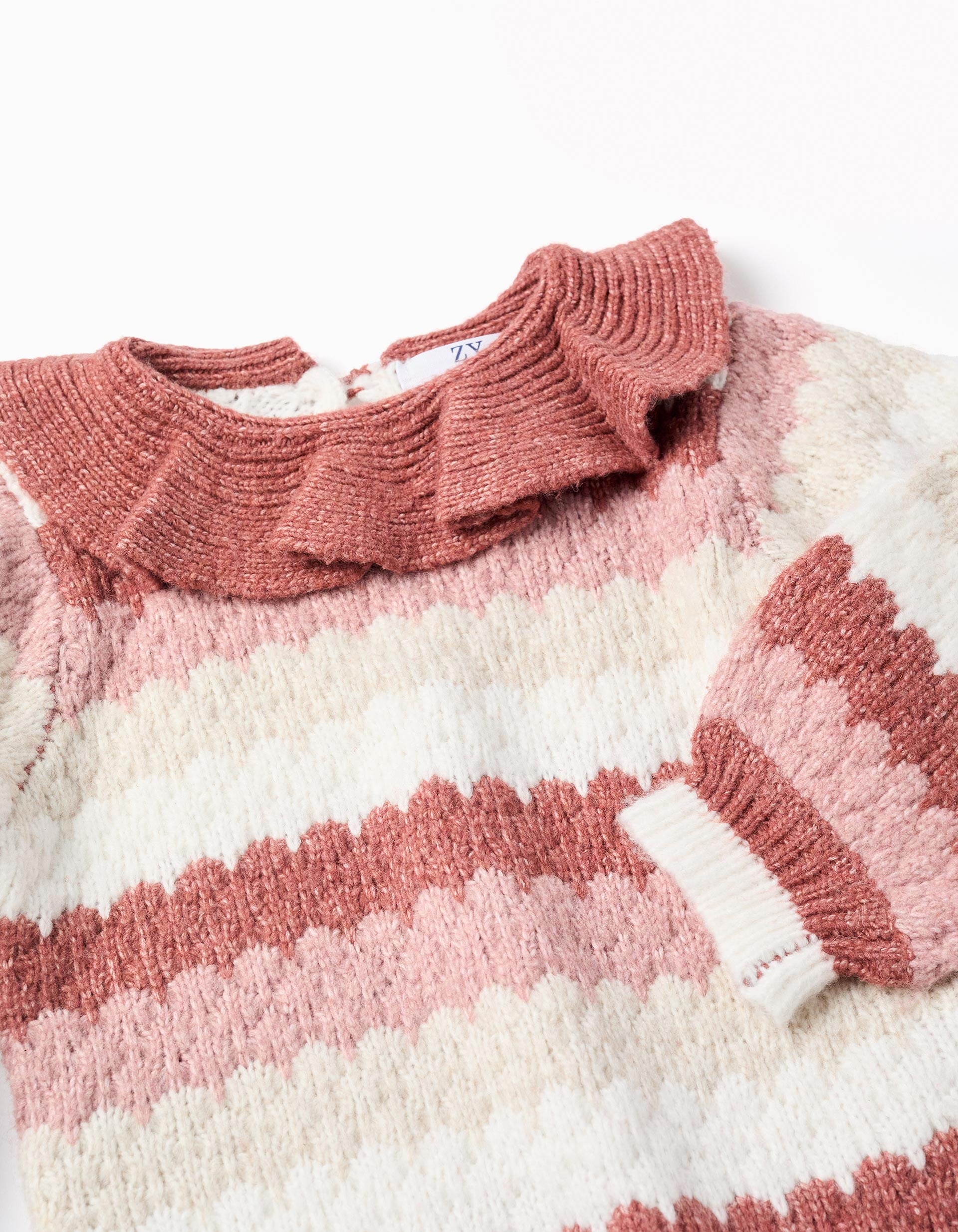 Striped knitted jumper with ruffled collar for baby girls, multicolour