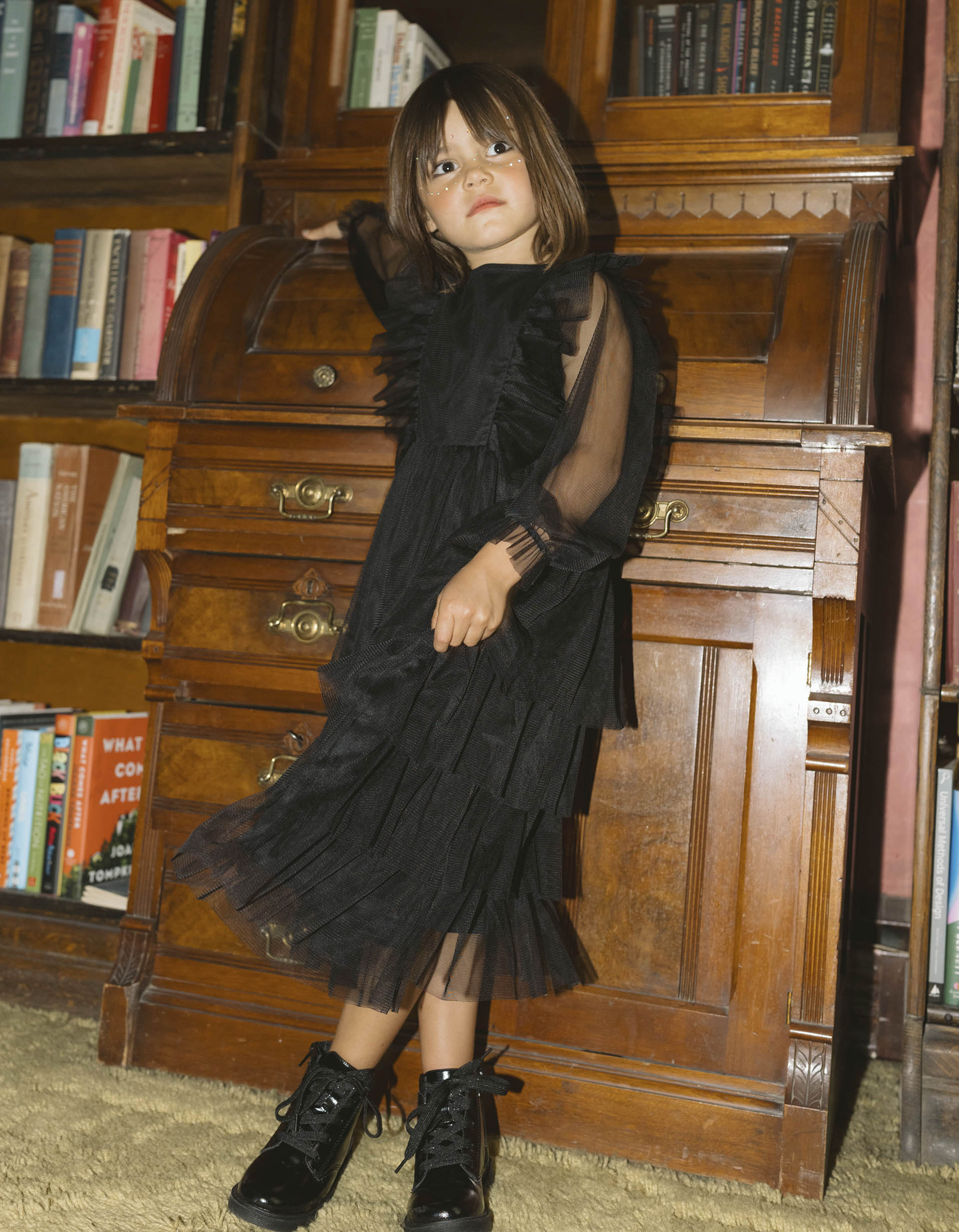Vestido de tule em camadas com folhos para menina, preto