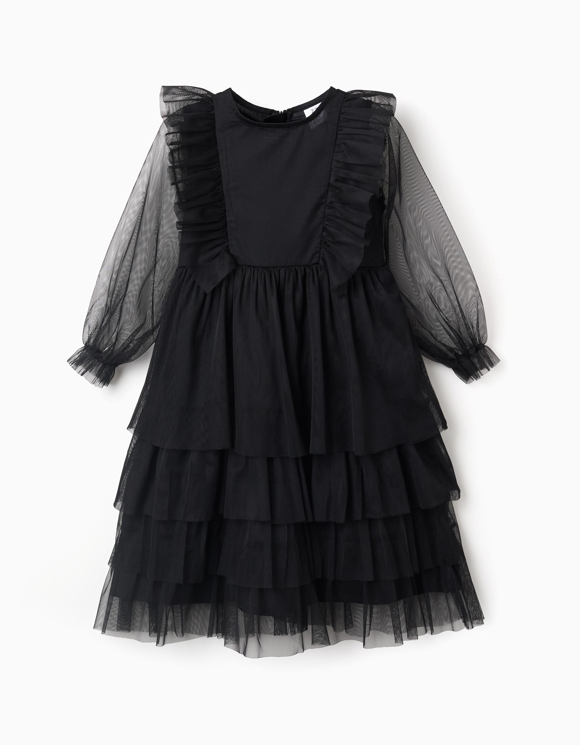 Vestido de tule em camadas com folhos para menina, preto