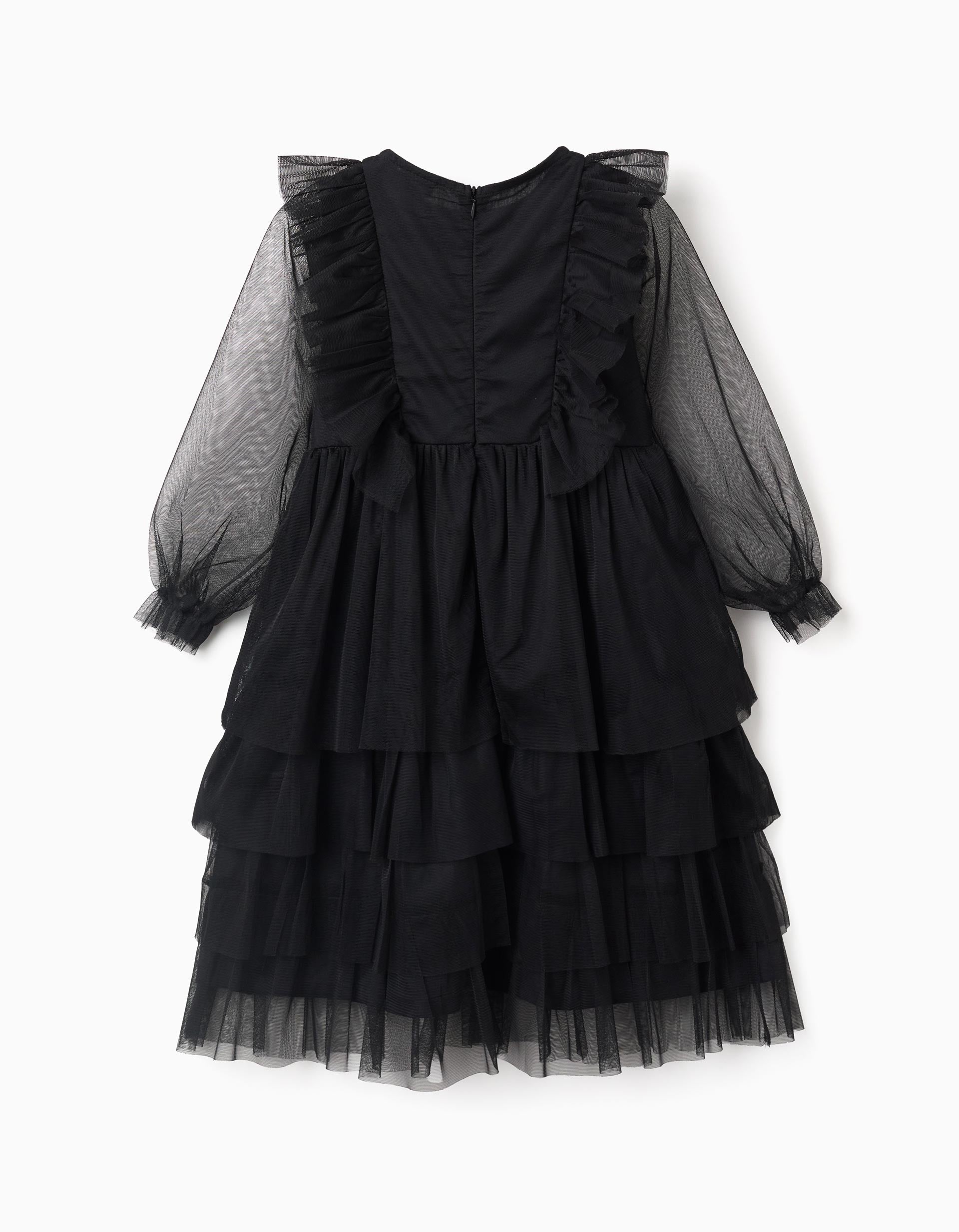 Vestido de tule em camadas com folhos para menina, preto