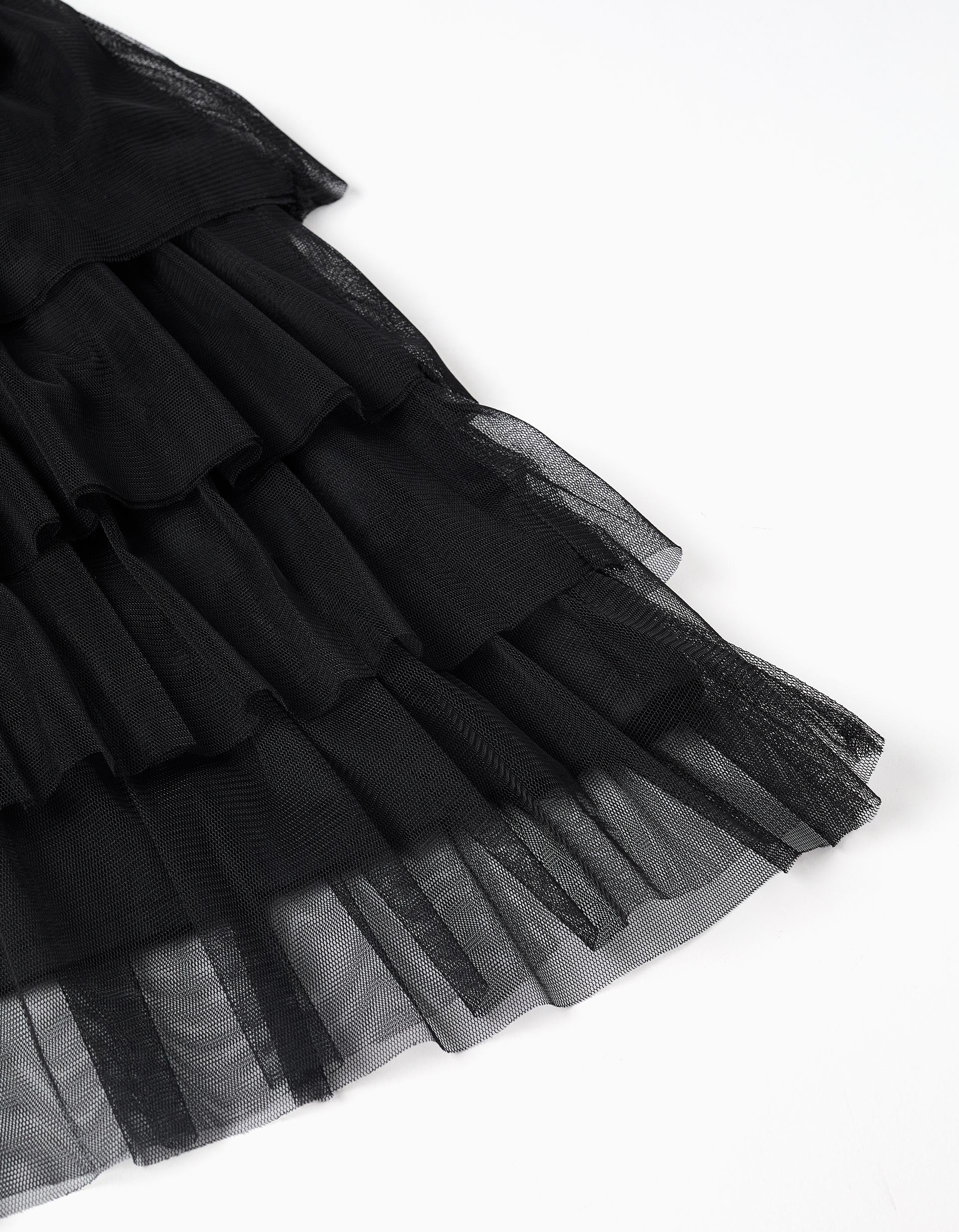 Vestido de tule em camadas com folhos para menina, preto