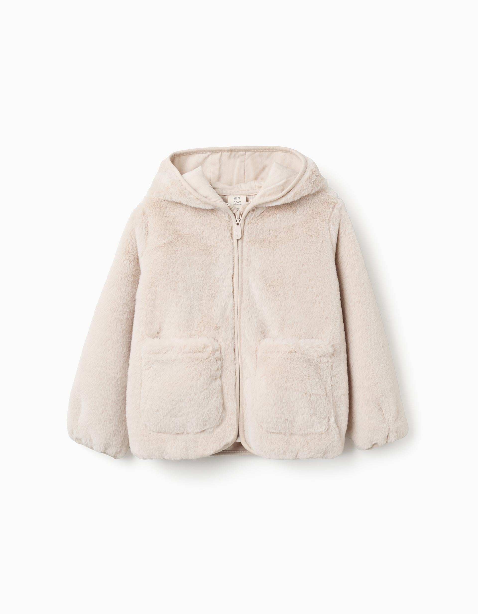 Hooded faux fur jacket with front pockets for girls, beige