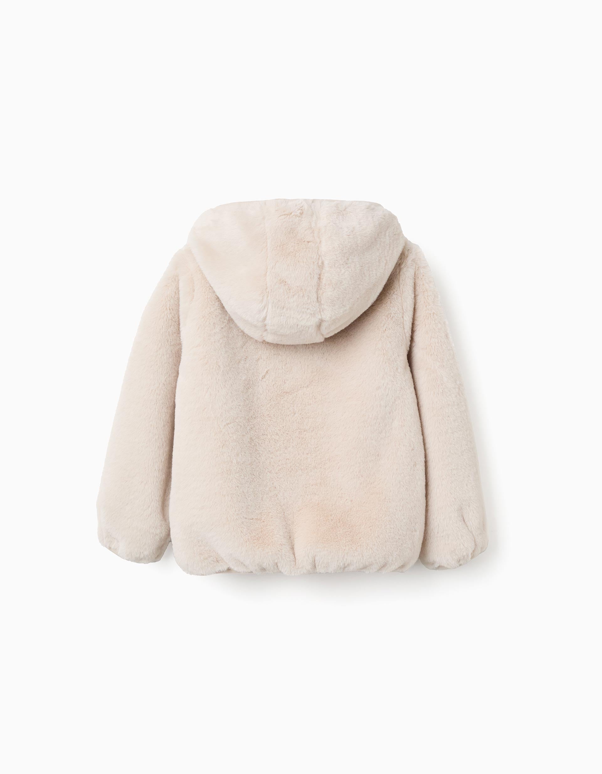 Hooded faux fur jacket with front pockets for girls, beige