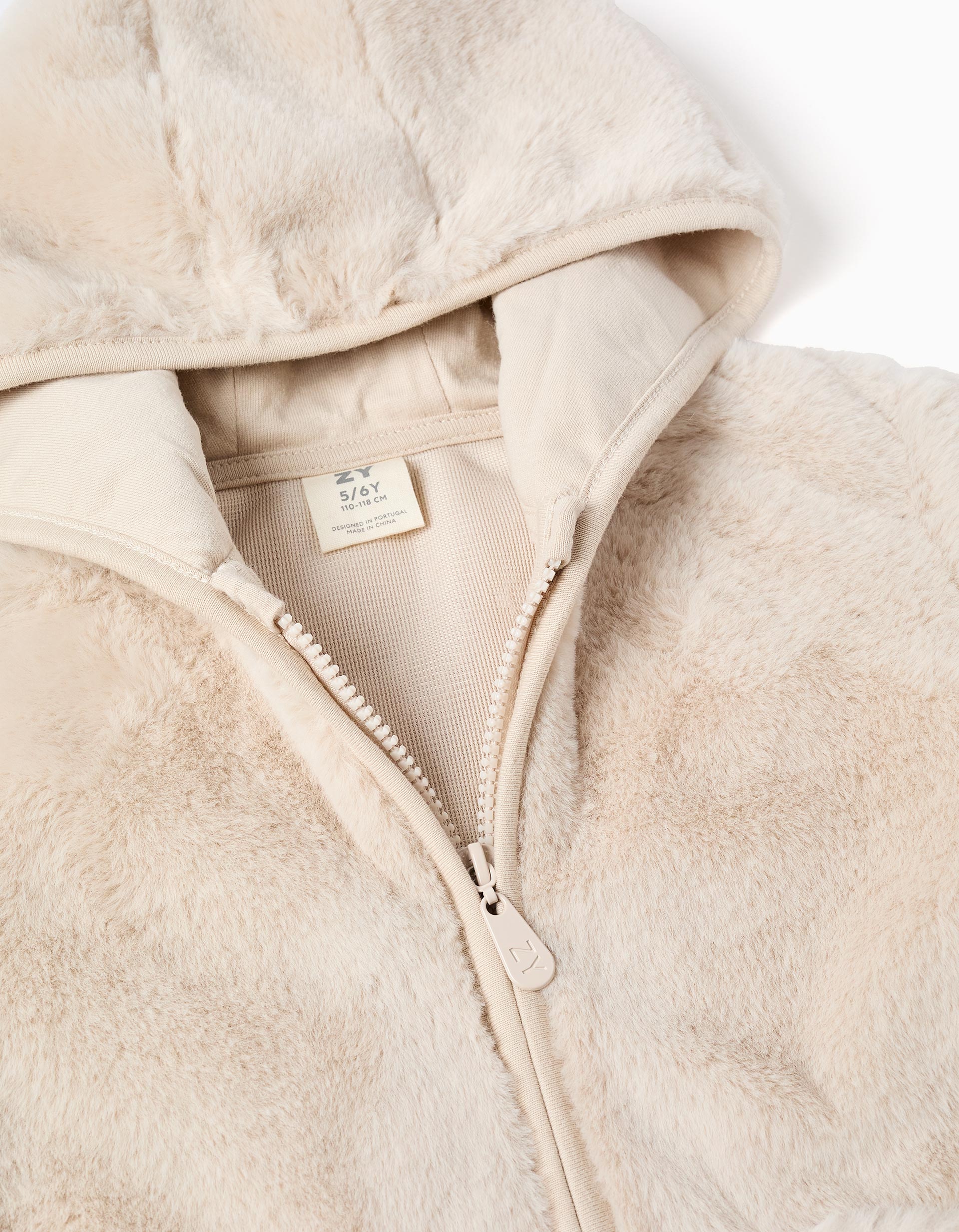 Hooded faux fur jacket with front pockets for girls, beige