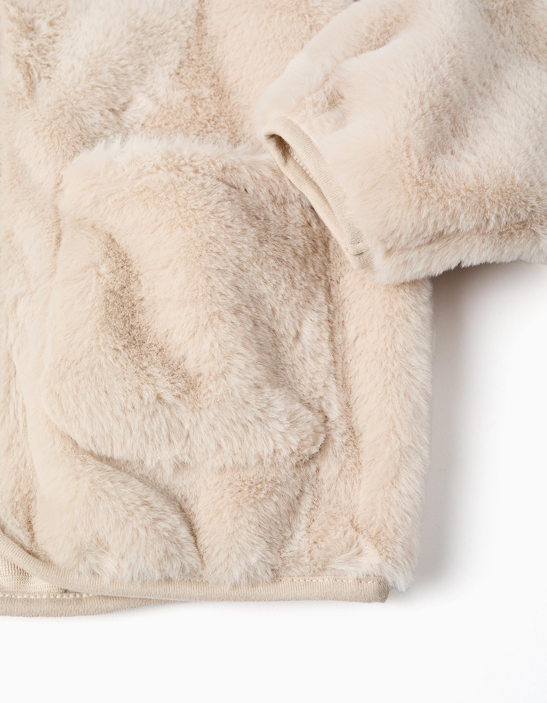 Hooded faux fur jacket with front pockets for girls, beige