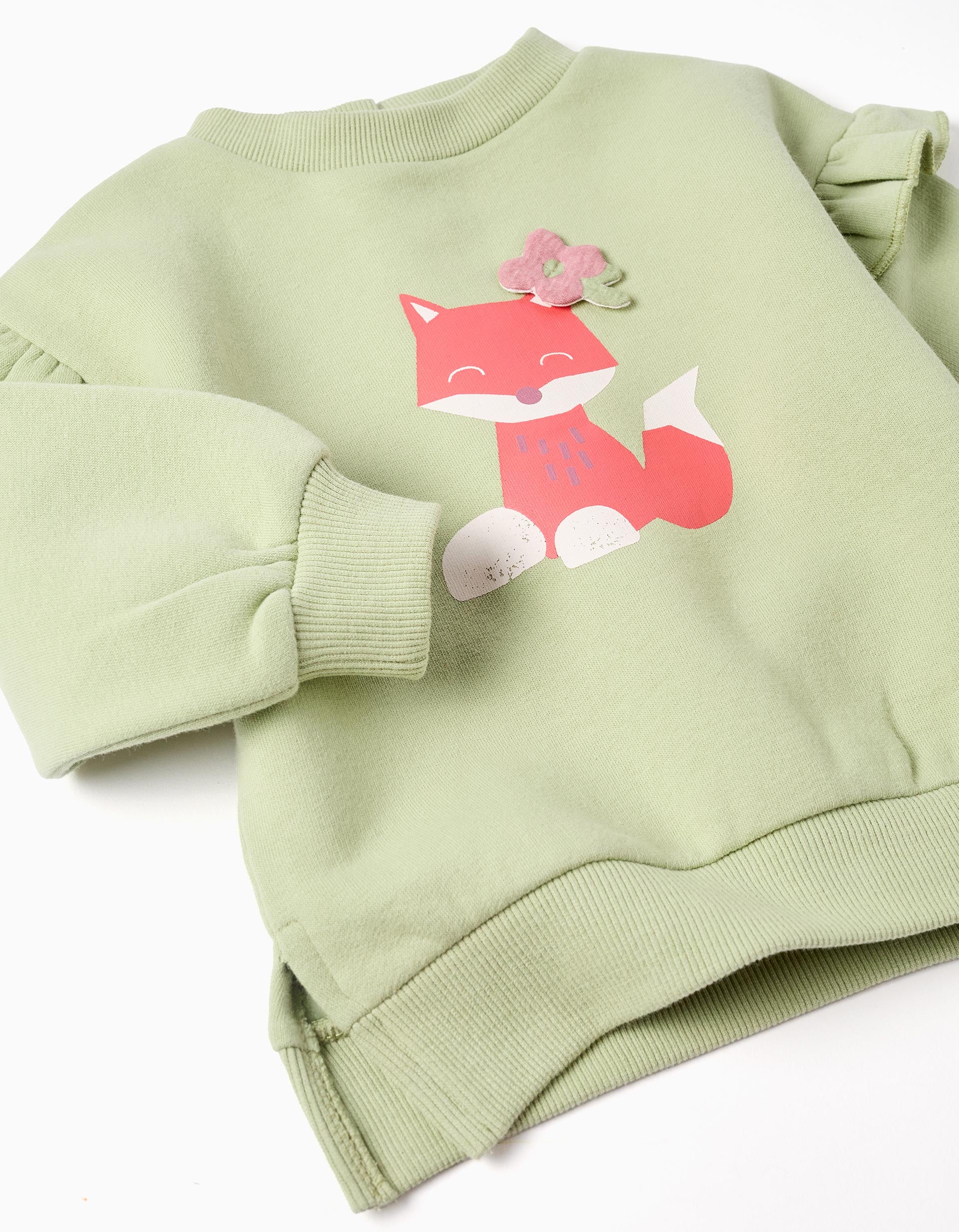 Brushed sweatshirt with fox print for baby girls, light green
