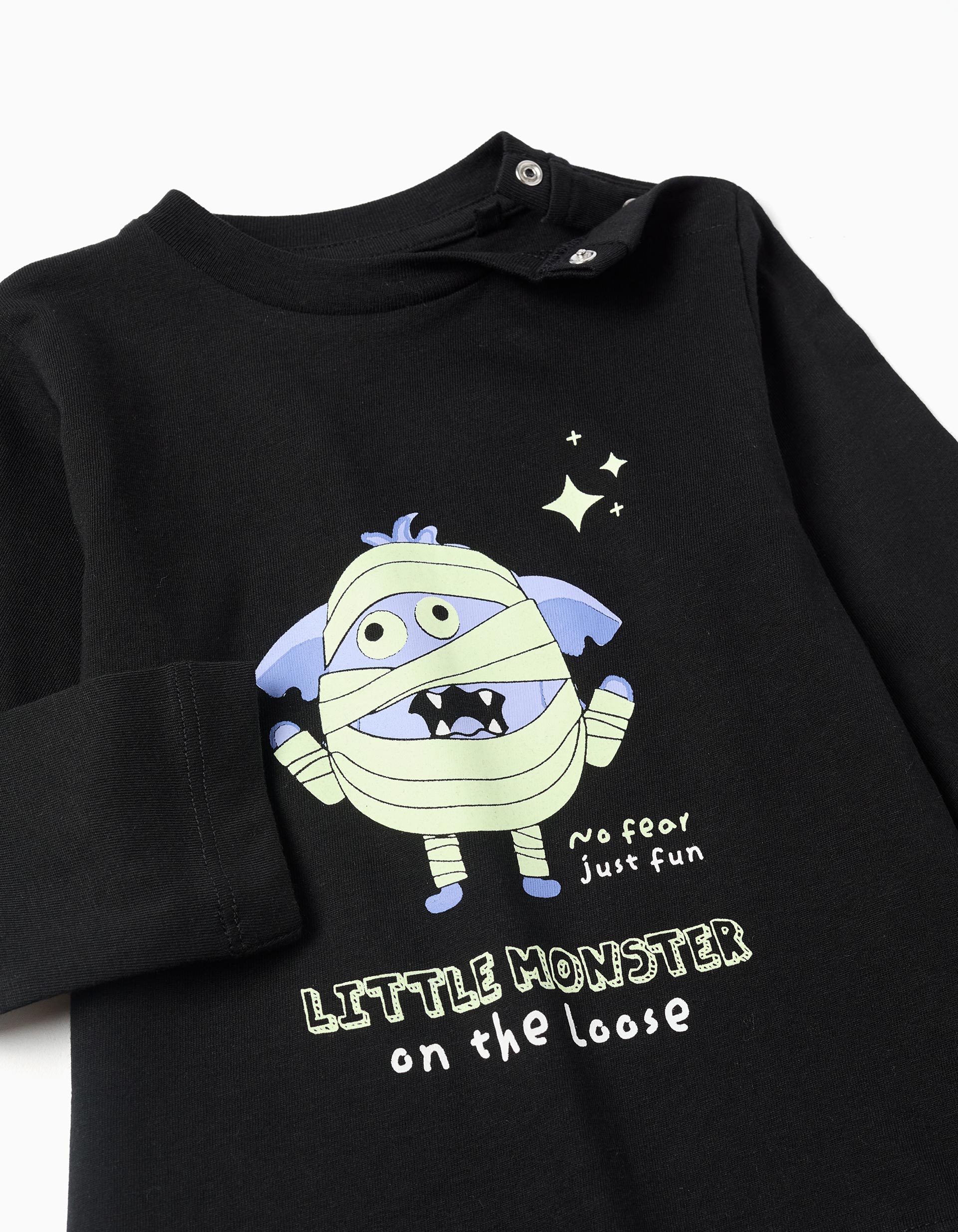 Cotton long sleeve glow-in-the-dark T-shirt for baby boys, black