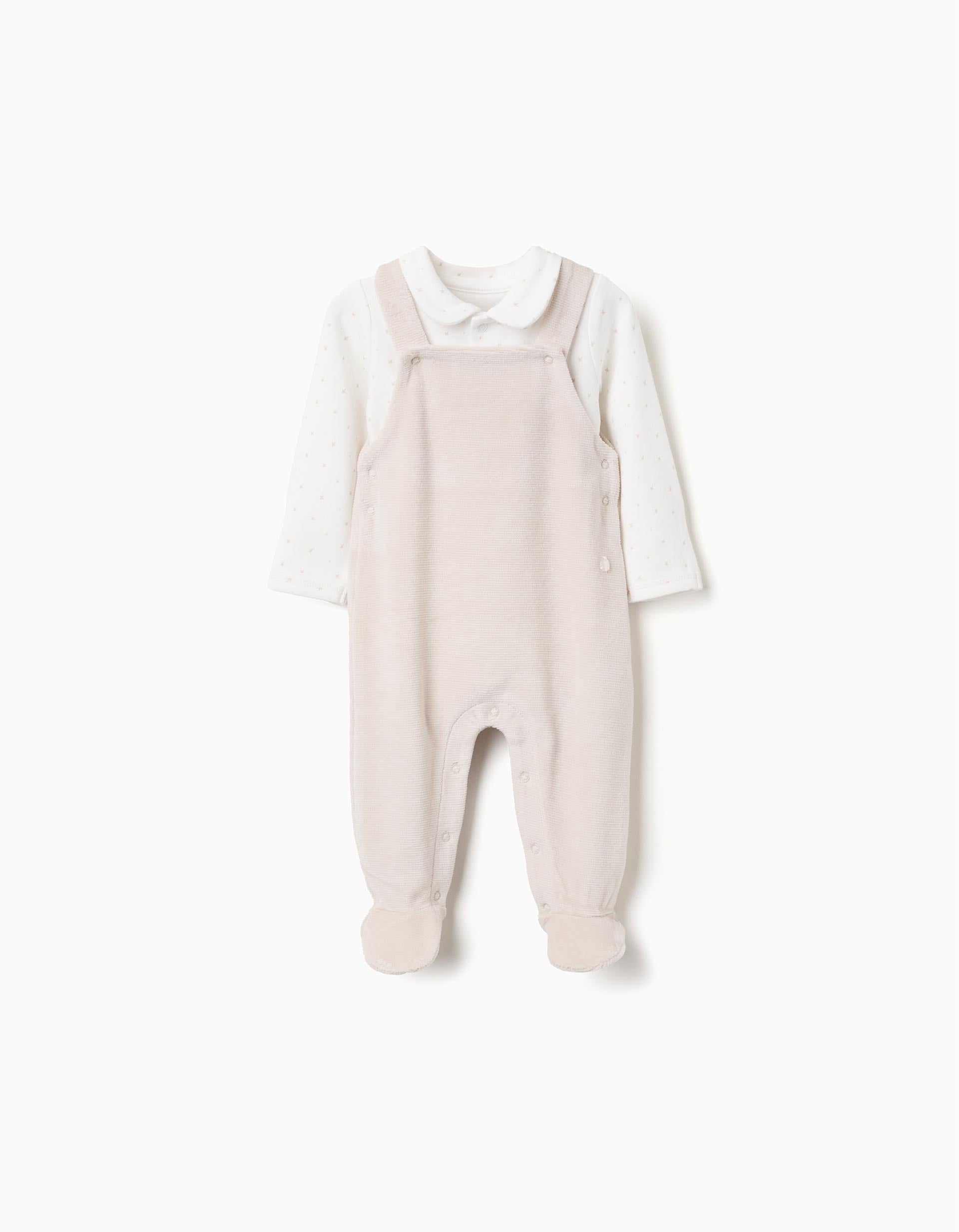 Body de Algodón + Mono de Terciopelo para Recién Nacida, Blanco/Beige