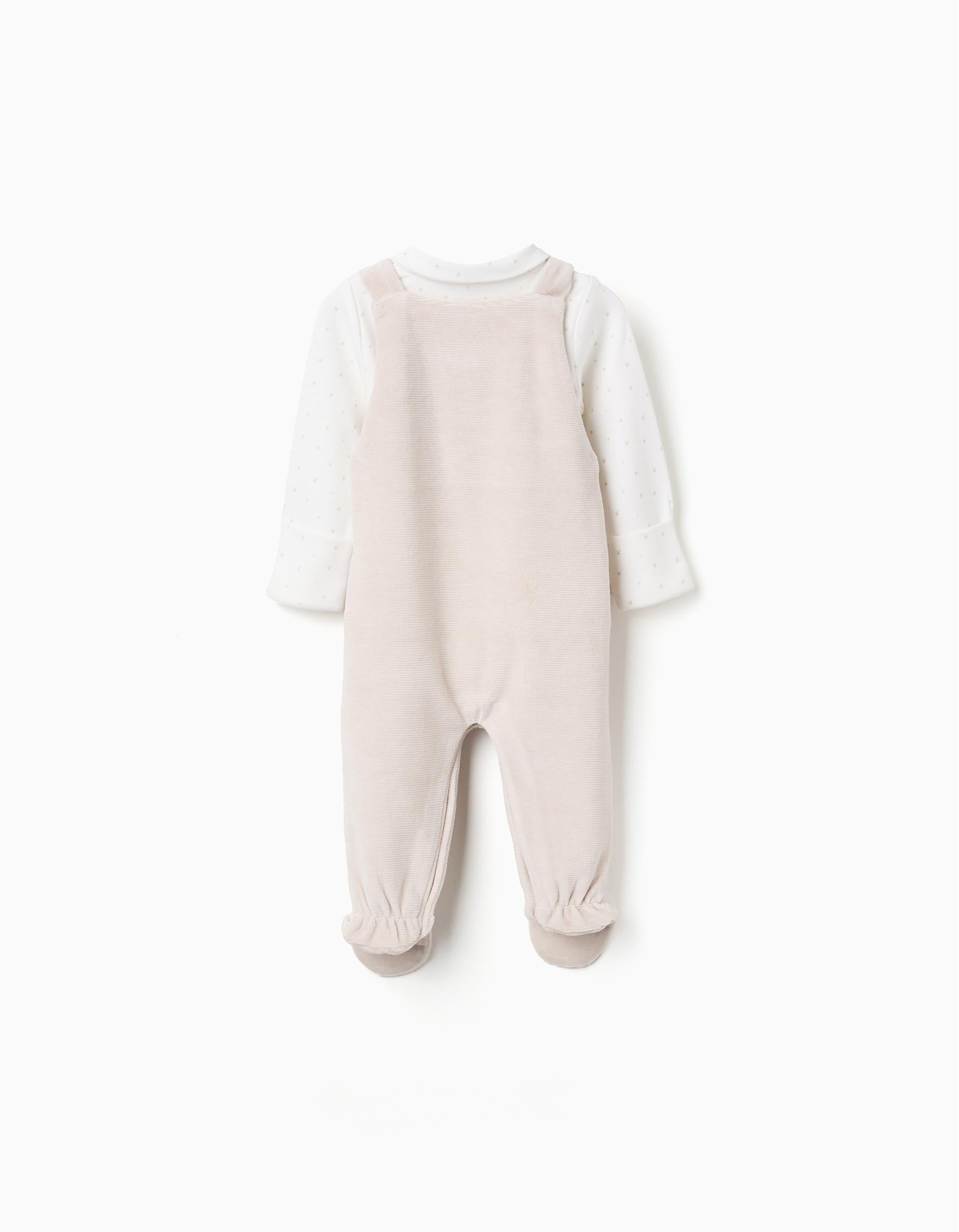 Body de Algodón + Mono de Terciopelo para Recién Nacida, Blanco/Beige