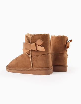 Boots with Touch-Fastener Bow and Furry Lining for Baby Girls, Camel