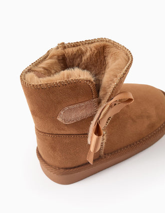 Boots with Touch-Fastener Bow and Furry Lining for Baby Girls, Camel