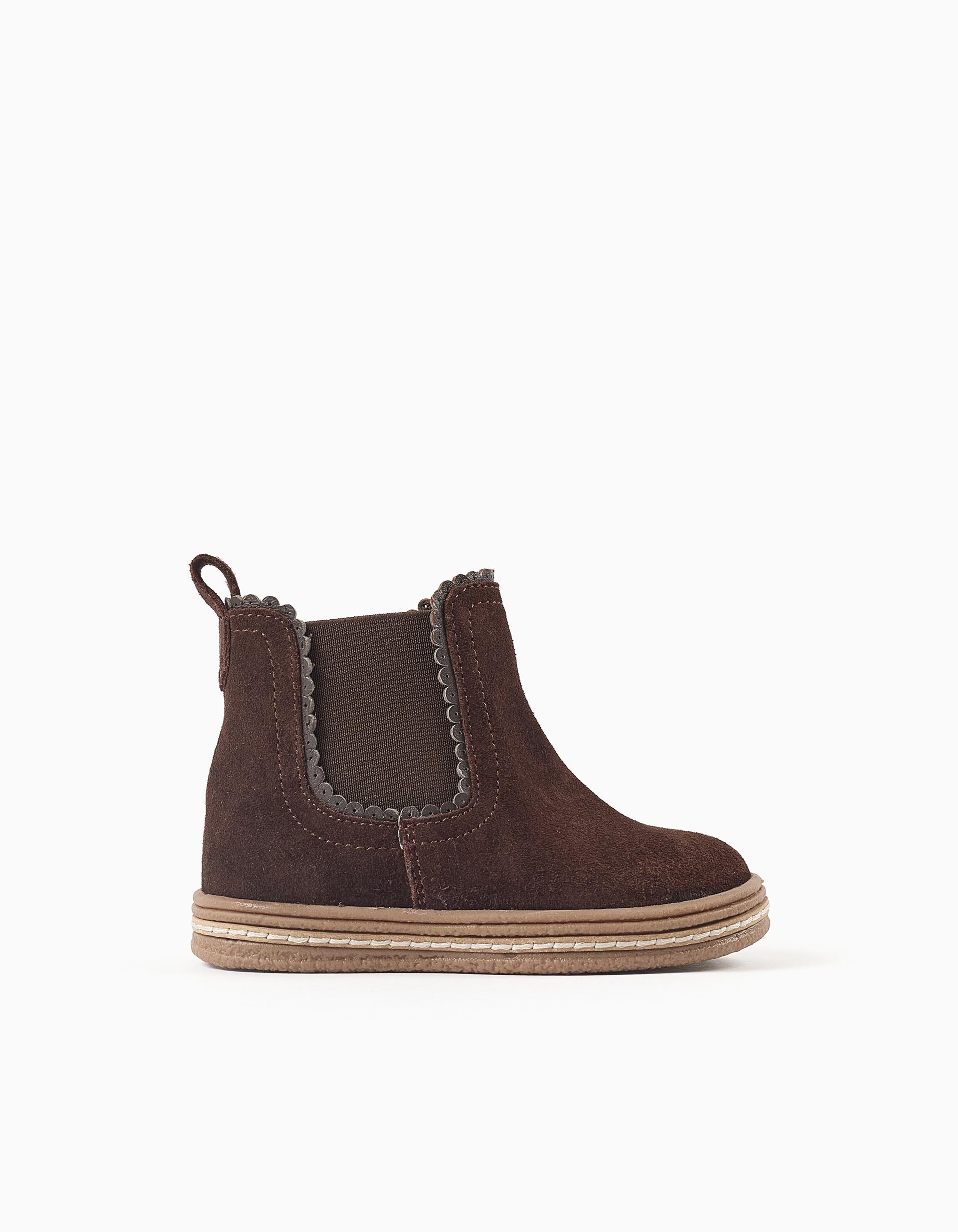 Suede Chelsea boots with scalloped effect for baby girls, brown