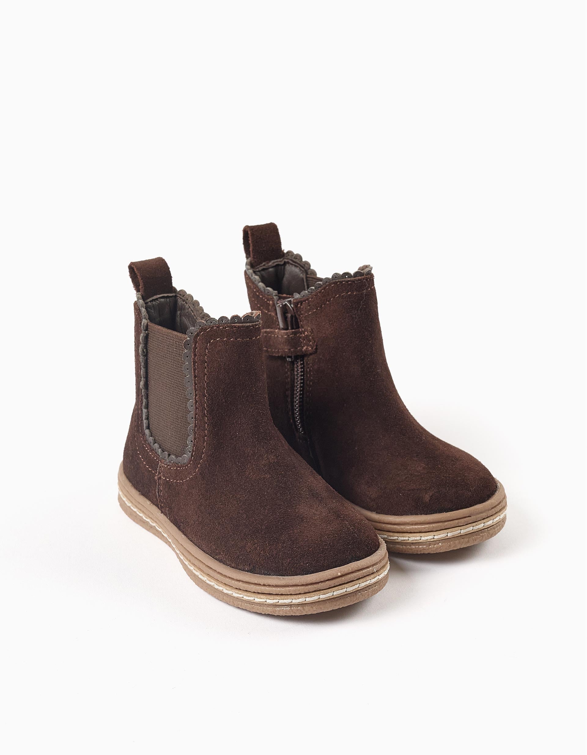 Suede Chelsea boots with scalloped effect for baby girls, brown
